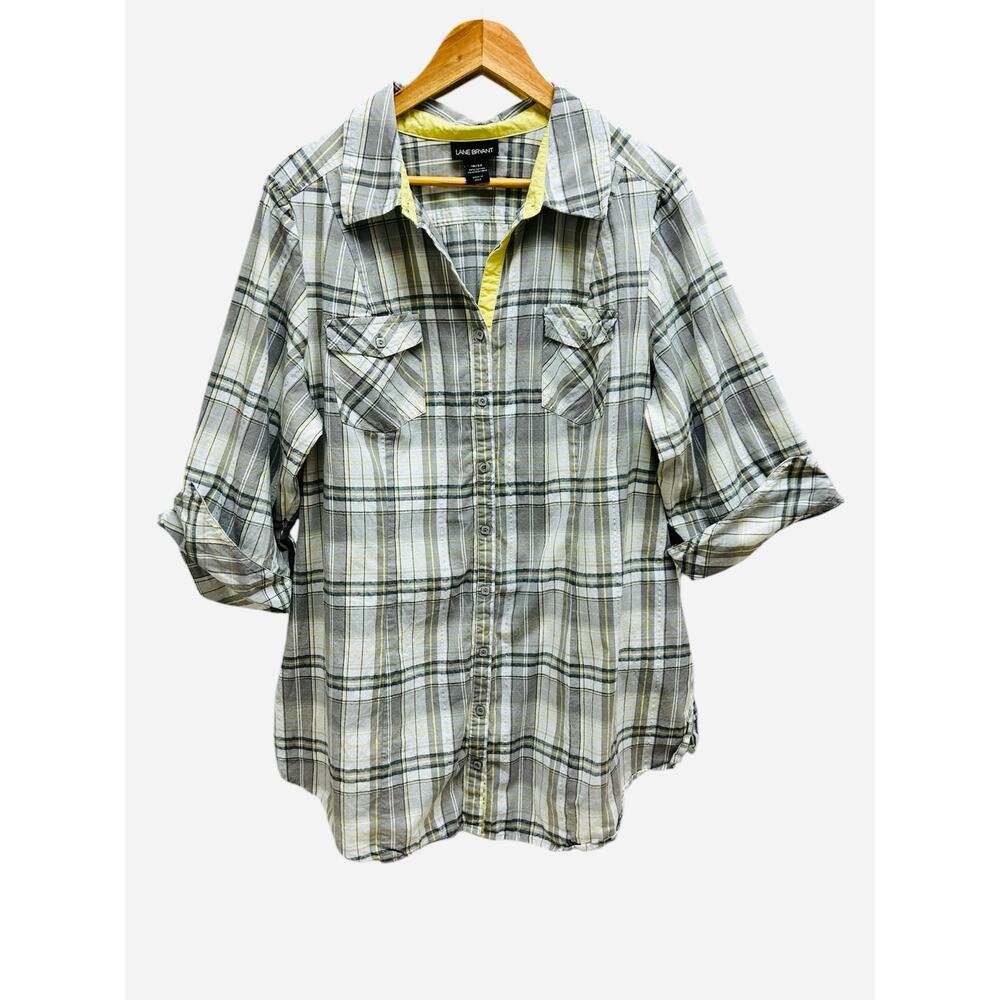 Lane Bryant Plaid Button Down Shirt 18/20‎ Black White Yellow Plus Size